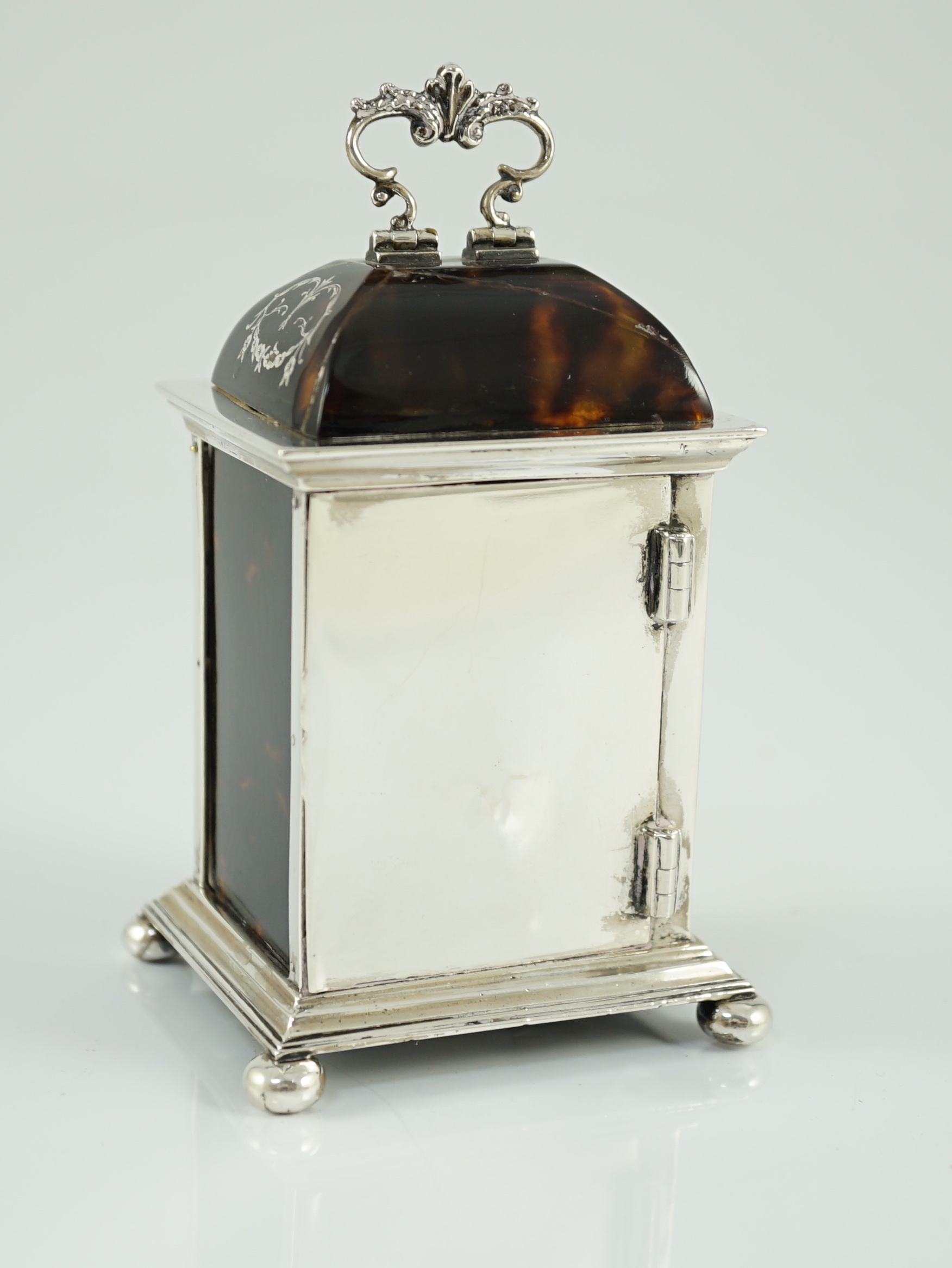 A George V silver and tortoiseshell pique mounted carriage timepiece, by William Comyns